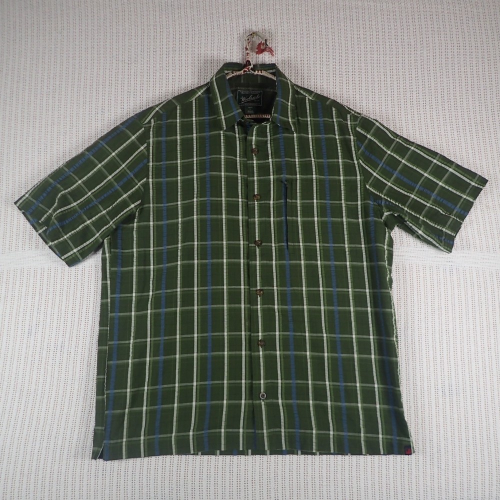 Woolrich Mens Button-Up Plaid Green Short Sleeve Vented Shirt Size: L